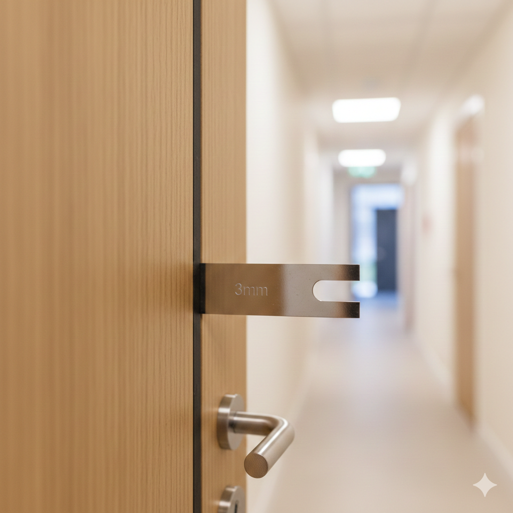 3mm gap gauge inserted between closed fire door and frame showing compliant gap measurement