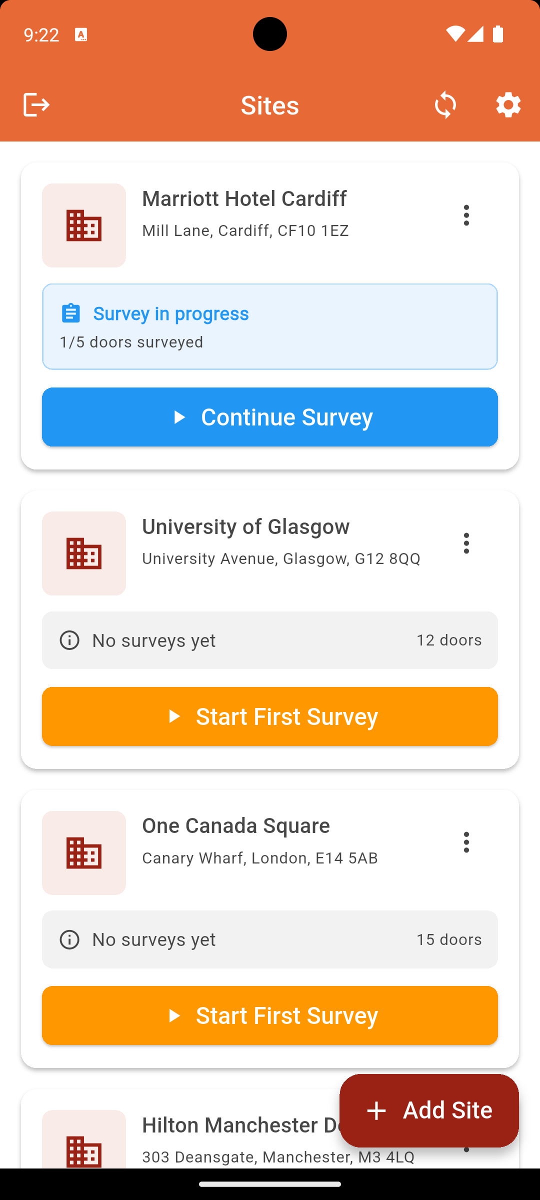 IgnisTrack app showing sites overview with door counts and compliance status